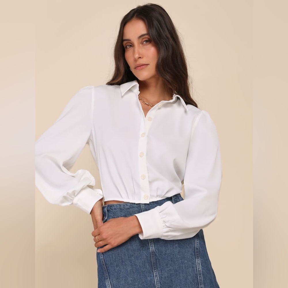 Lulus Poised Arrival Ivory Balloon Sleeve Collared Button-Up Top